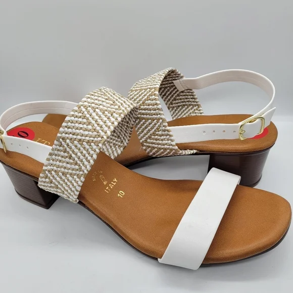 Italian Shoemakers Infamous White Brown Aztec Sandals Women’s 10 Low Heels NWOB - Picture 2 of 9